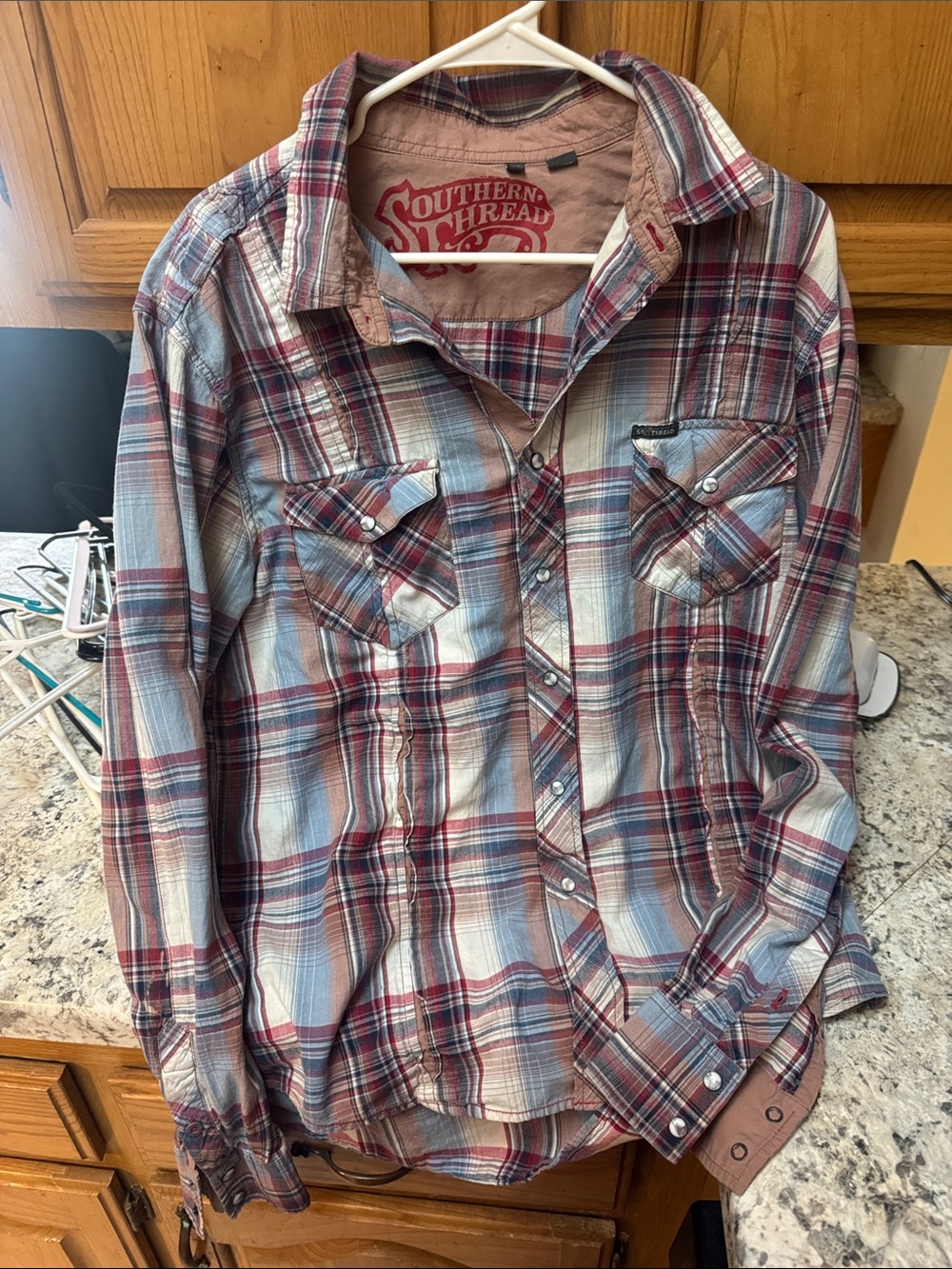 Southern Thread Men’s Red & Light Blue Plaid Button-Up Shirt